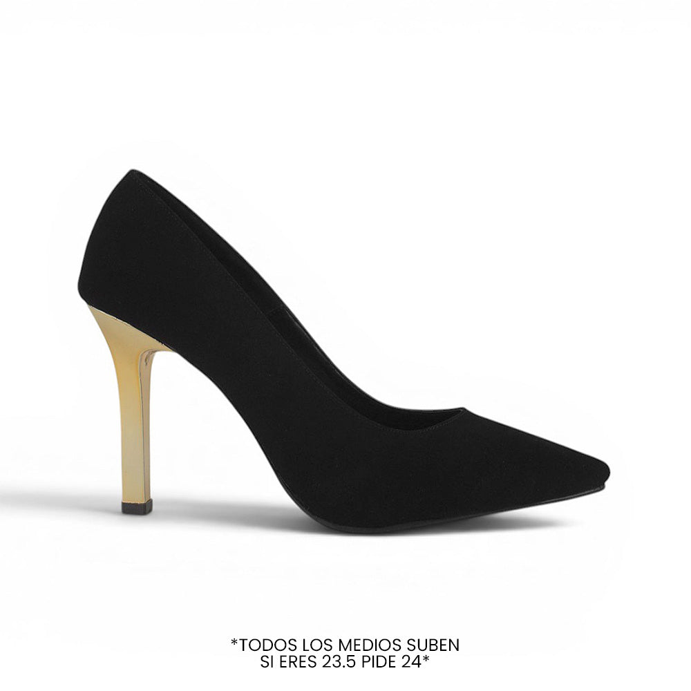 Vista lateral de zapatilla negra tipo stiletto con tacón dorado tamaño medio 10cm para dama 