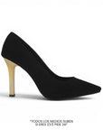 Vista lateral de zapatilla negra tipo stiletto con tacón dorado tamaño medio 10cm para dama 