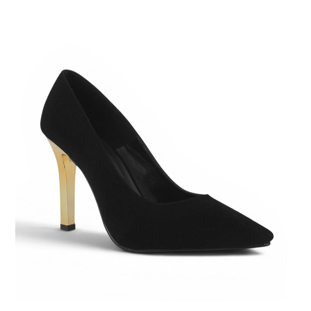 Vista diagonal de zapatilla negra para dama tipo stiletto con un tacón dorado tamaño medio 10cm 