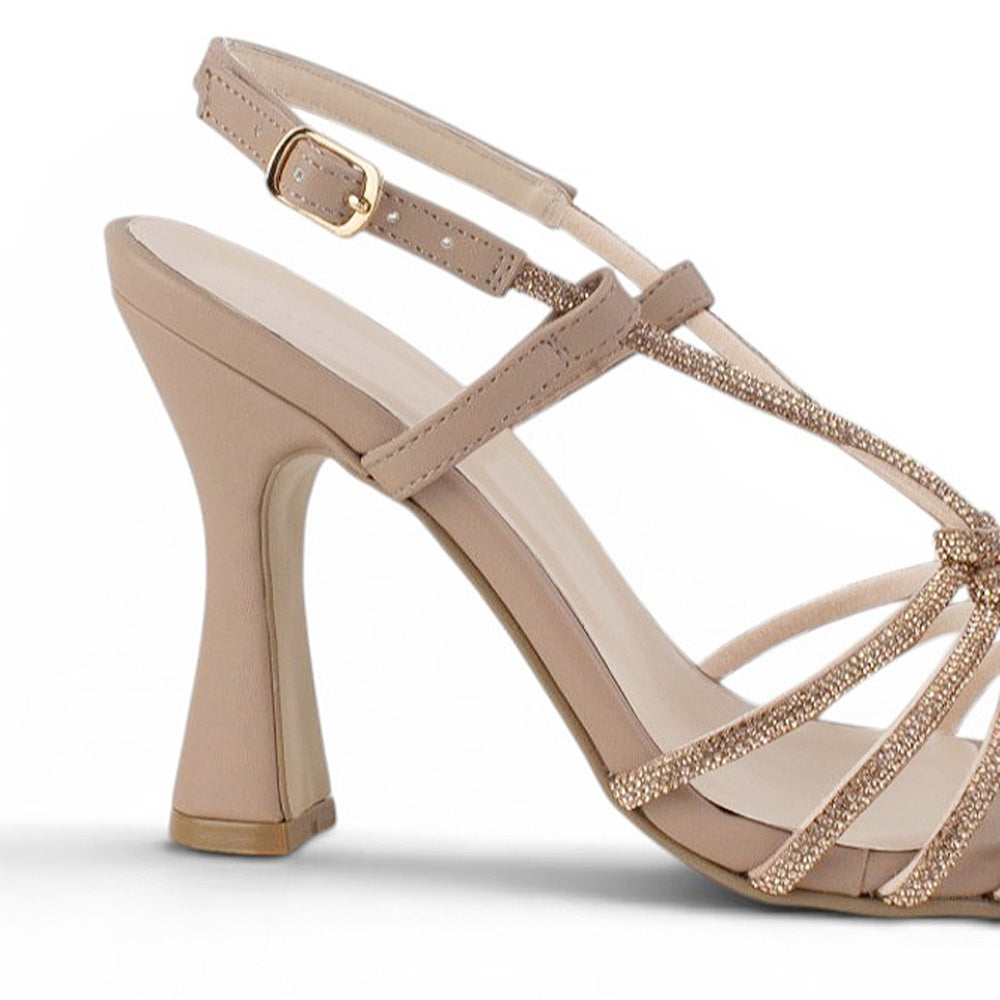 Vista trasera de tacón alto de 11cm en zapatilla nude para mujer con pulsera al tobillo ajustable 