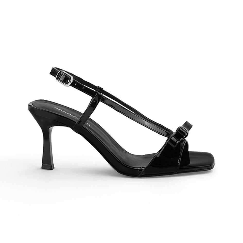 Vista lateral de zapatilla negra para mujer de punta cuadrada con moño y tacón de 8cm
