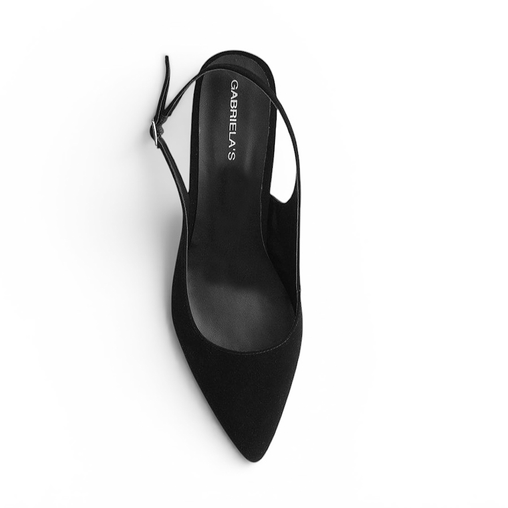 Vista superior de zapatilla tipo stiletto color negro para dama con talón descubierto y punta cerrada fina 