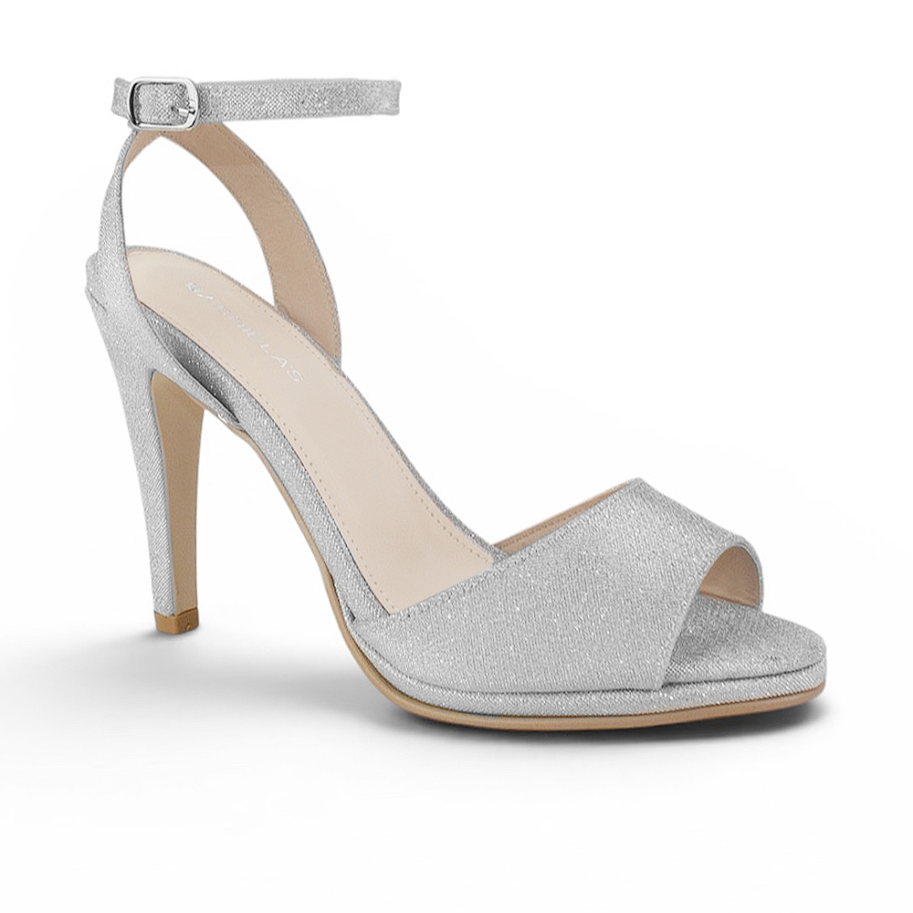 Vista diagonal de zapatilla plateada con punta abierta pulsera ajustable y plataforma para dama tacón alto 11cm 