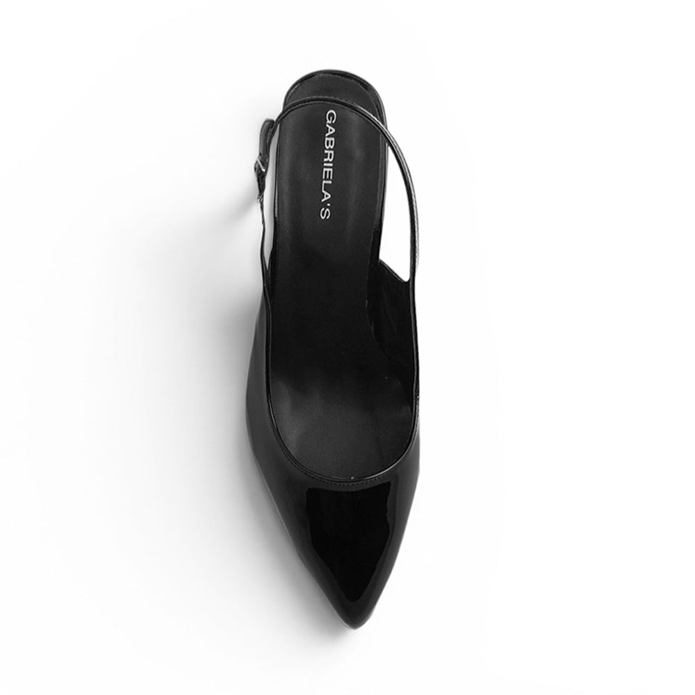 Vista superior de zapatilla tipo stiletto color negro para dama con talón descubierto y punta cerrada fina 