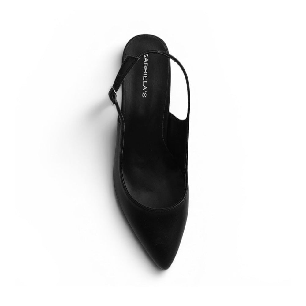 Vista superior de zapatilla tipo stiletto color negro para dama con talón descubierto y punta cerrada fina 