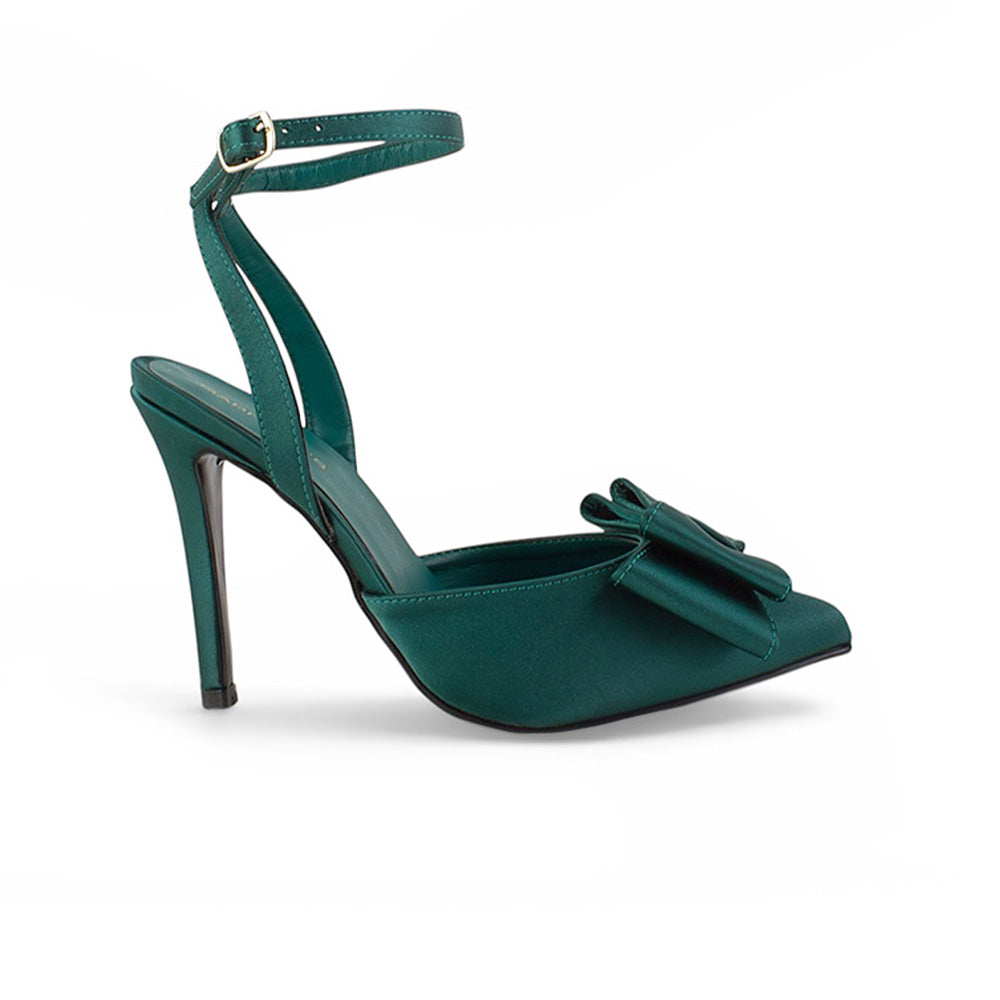vista lateral de zapatillas verdes para dama con moño y tacón medio 10cm 