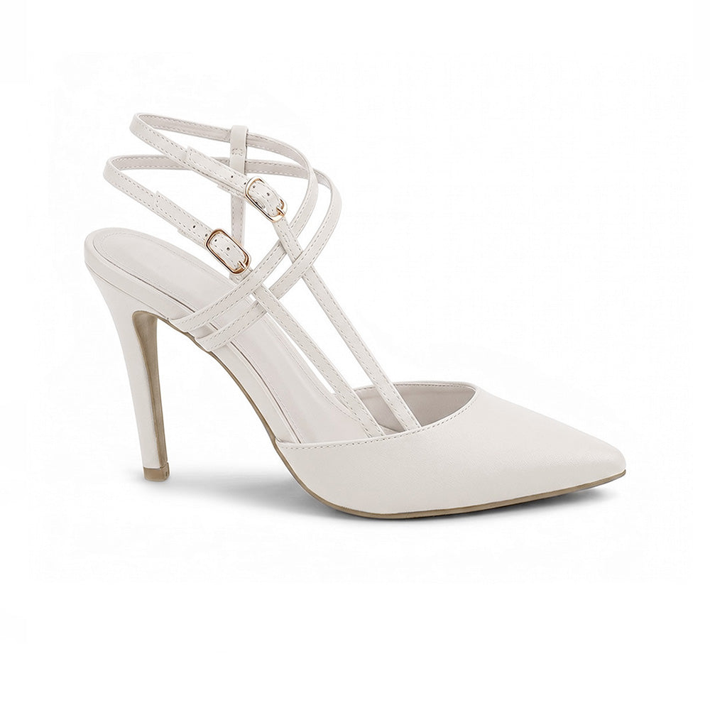 vista lateral de zapatillas beige stiletto para dama con doble corea ajustable y hebillas doradas para dama con tacón alto 11cm