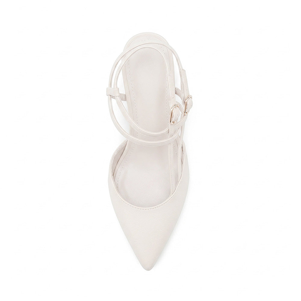 vista superior de zapatillas beige para dama stiletto con doble correa ajustable y tacón alto 11cm
