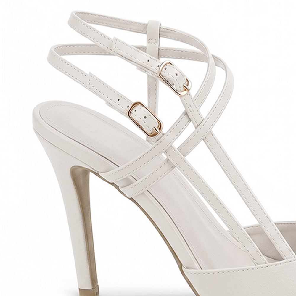 vista trasera del tacón alto 11cm de las zapatillas beige para dama con doble correa ajustable para dama