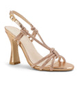 vista diagonal de las zapatillas oro rosado para dama con tacón alto 11cm y tiras cruzadas con brillos 