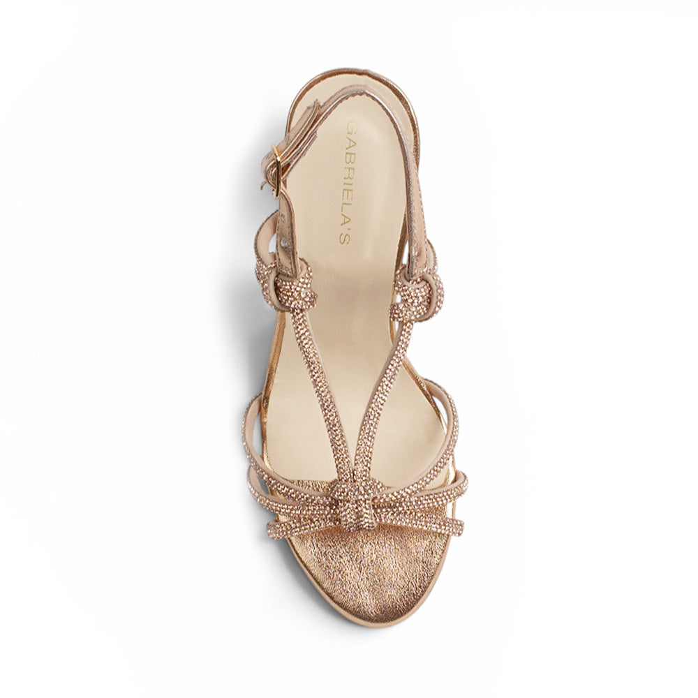 vista superior de las zapatillas oro rosado para dama con tiras cruzadas y brillos con tacón alto 11cm