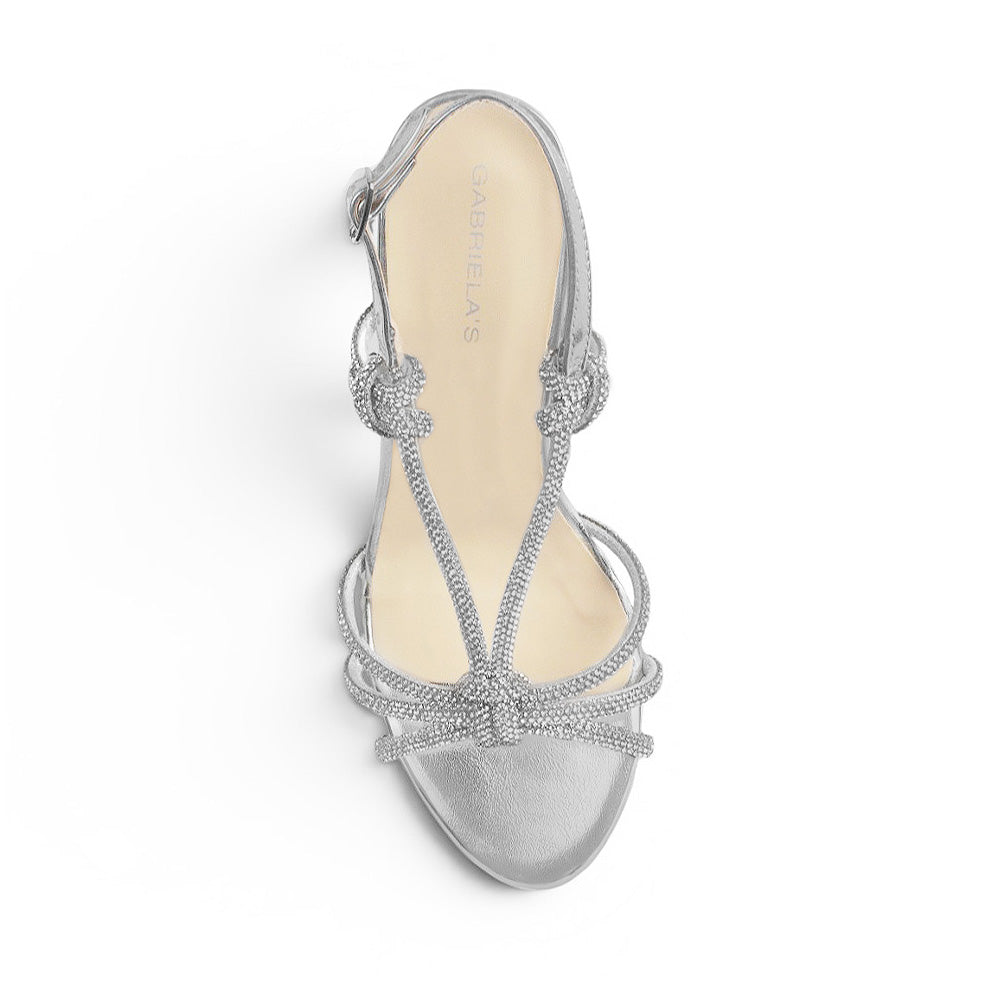 vista superior de las zapatillas plata para dama con tiras cruzadas y brillos con tacón alto 11cm