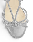 vista del detalle en tiras cruzadas con brillos de las zapatillas plata y tacón alto 11cm para dama 