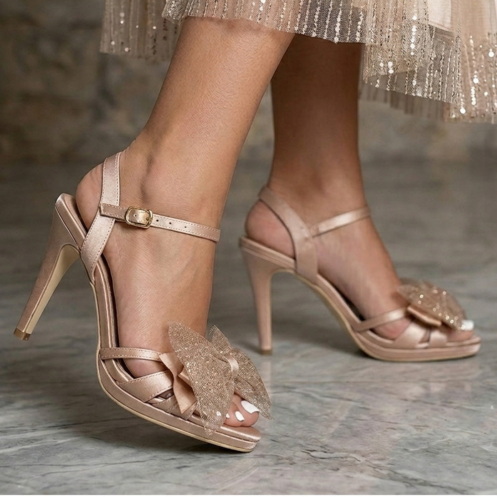 zapatillas nude de plataforma con pulsera ajustable al tobillo y tacón alto para dama