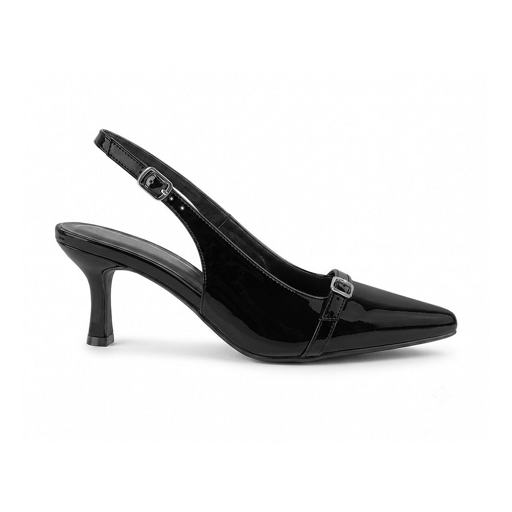 vista lateral de zapatillas negras de charol para dama con tacón medio 7cm y talón descubierto 