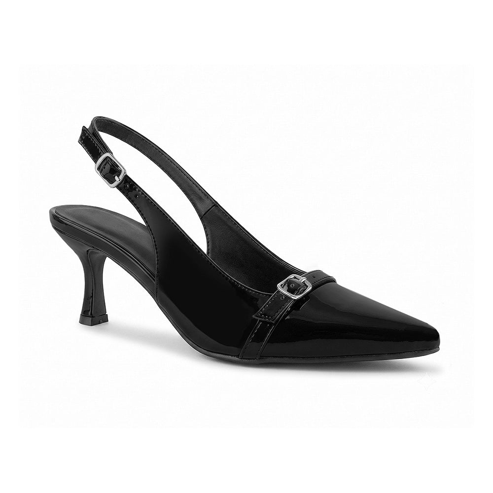 vista diagonal de zapatillas negras para dama de charol con talón descubierto y tacón medio 7cm 