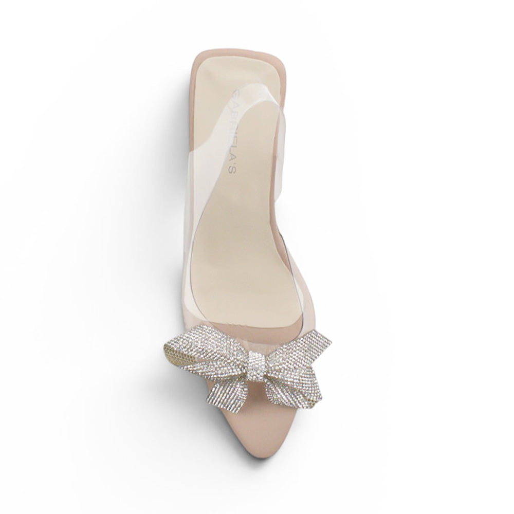 vista superior de zapatillas nude para dama destalonadas con moño de pedrería y tacón medio 9cm  
