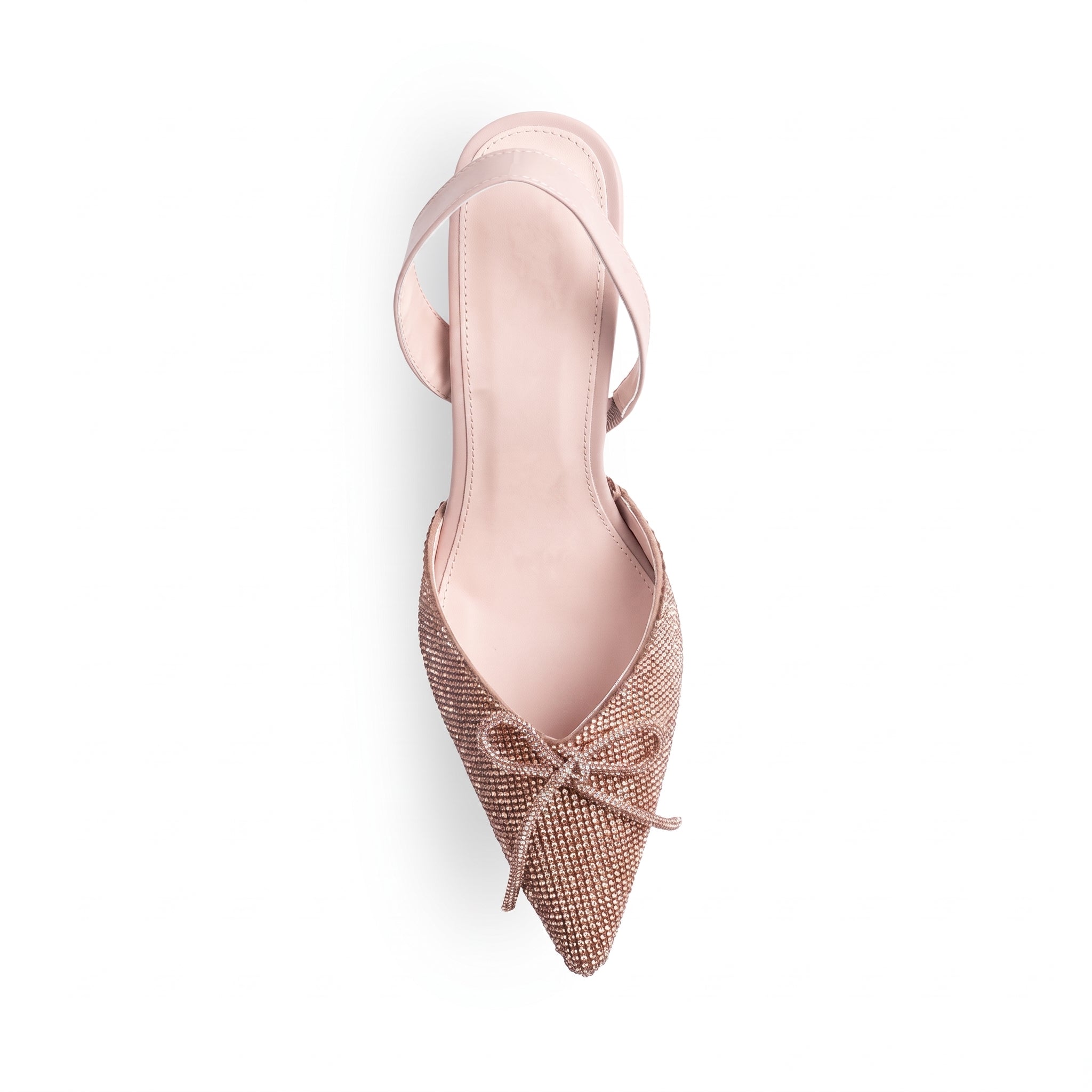 Vista superior en la zapatilla oro rosa de pedrería con moño, punta fina y tacón medio 8 cm para dama  