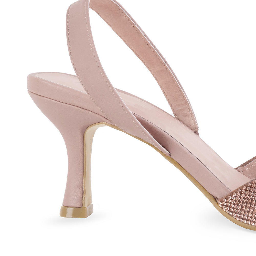 Vista trasera del tacón medio 8cm en la zapatilla oro rosa con punta fina de pedrería y moño para dama 