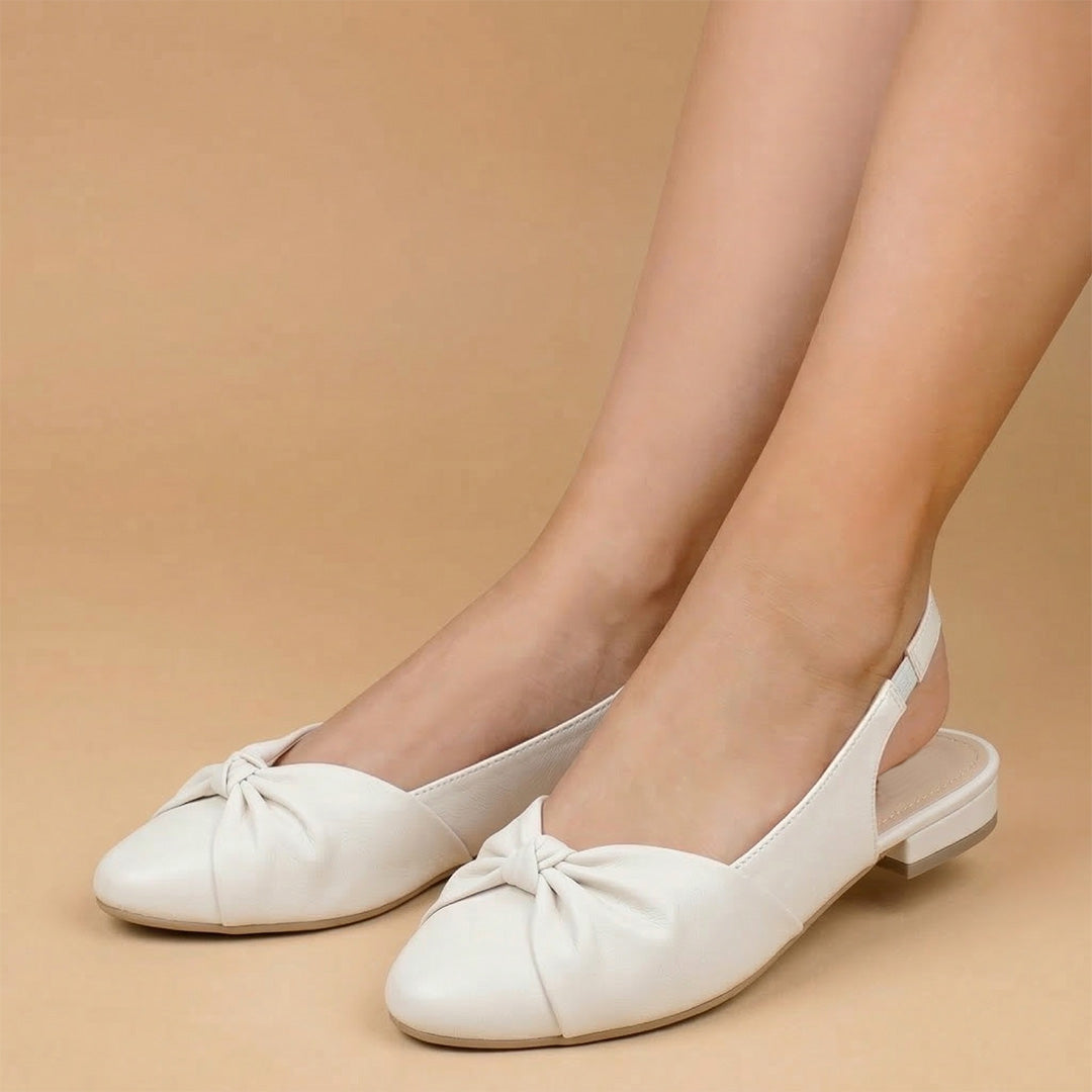 Flats beige para mujer con moño y correa trasera de elástico ajustable destalonado