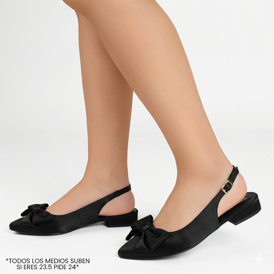 Flats negros para mujer con moño en punta fina destalonado con correa ajustable