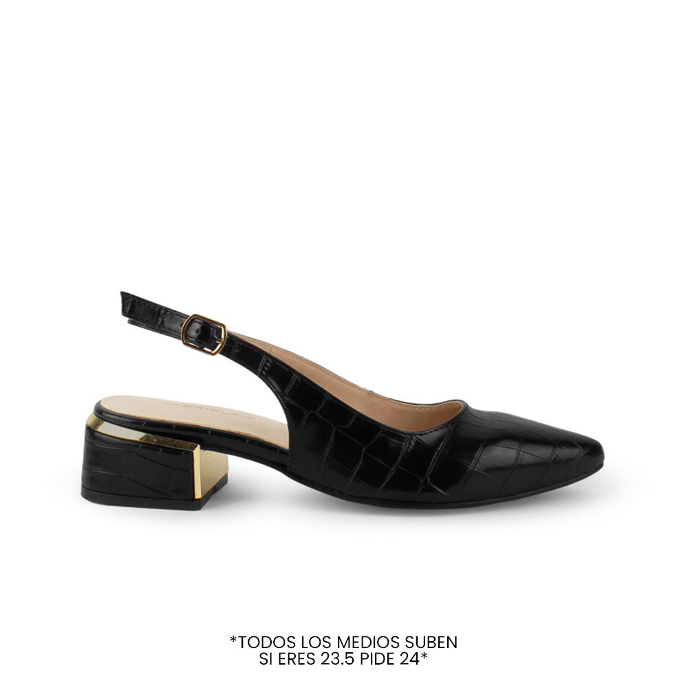 Vista lateral de zapatilla negra destalonadas para mujer con pulsera ajustable punta fina y tacón bajo cuadrado de 5cm 