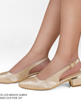 Zapatillas doradas para mujer de punta fina con tacón cuadrado bajo de 5cm y correa ajustable 
