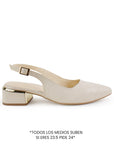 Vista lateral de zapatilla beige destalonadas para mujer con pulsera ajustable punta fina y tacón bajo cuadrado de 5cm 