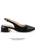 Vista lateral de zapatilla negra destalonadas para mujer con pulsera ajustable punta fina y tacón bajo cuadrado de 5cm 