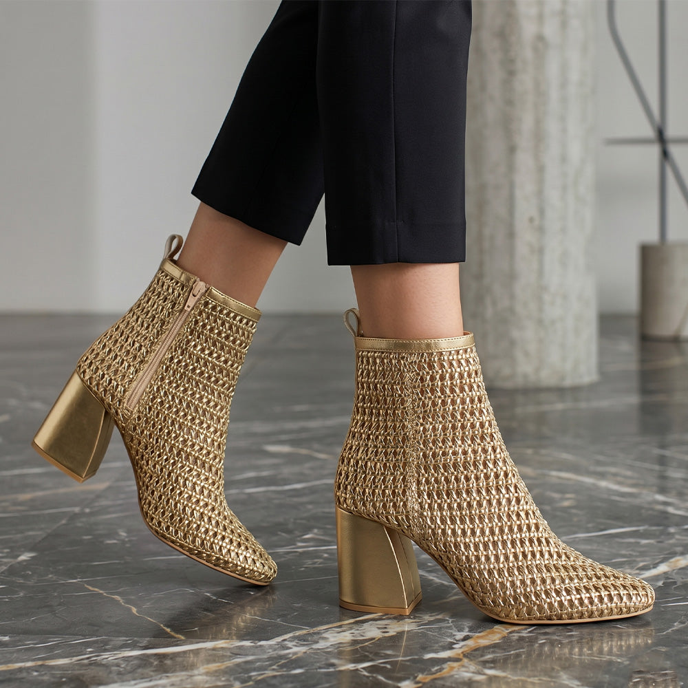Botas oro tejidas y cortas con tacón medio 8cm para dama