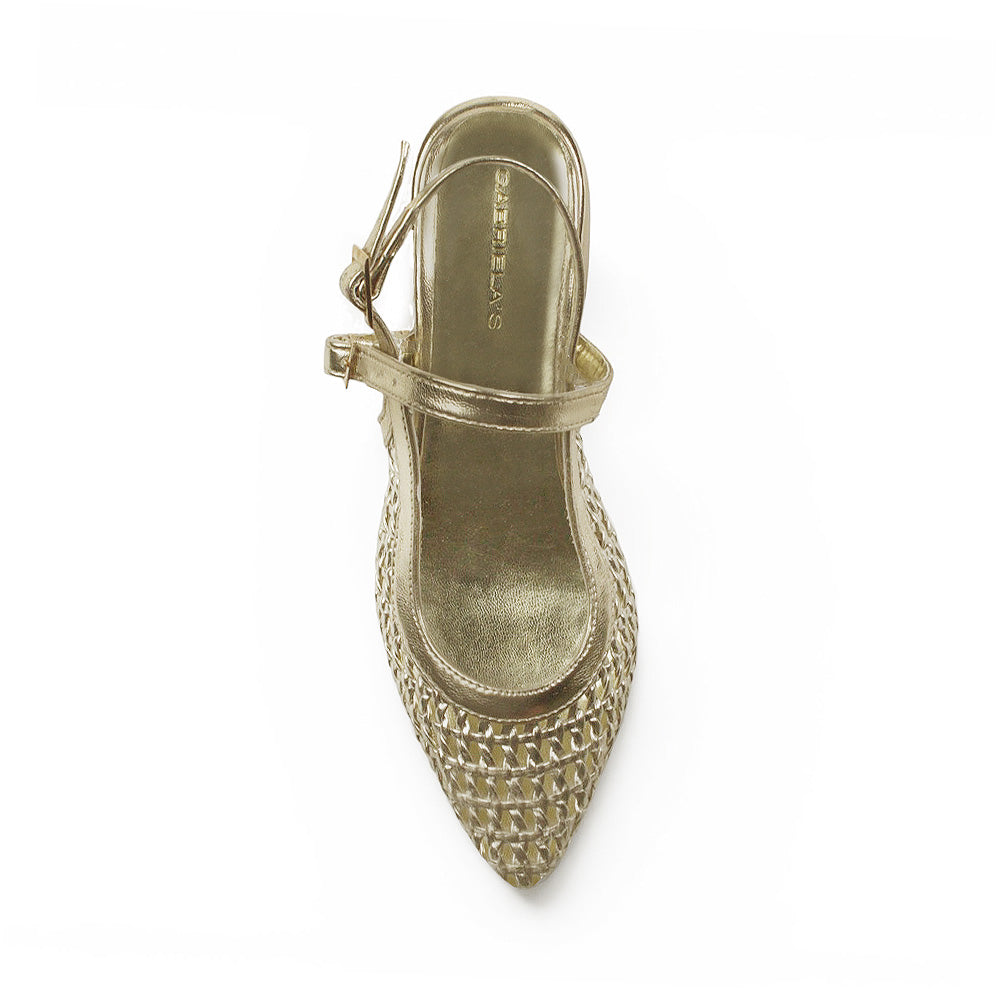 vista superior de las zapatillas doradas para dama con tacón bajo 5 cm doble correa ajustable 