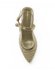 vista superior de las zapatillas doradas para dama con tacón bajo 5 cm doble correa ajustable 