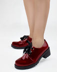 Mocasines vino tipo chunky de charol con plataforma y tacón bajo 5cm para dama 