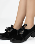 Mocasines negros tipo chunky de charol con plataforma y tacón bajo 5cm para dama 