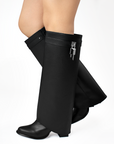 Botas negras desmontables para dama con tacón medio 9cm y detalle metálico lateral 