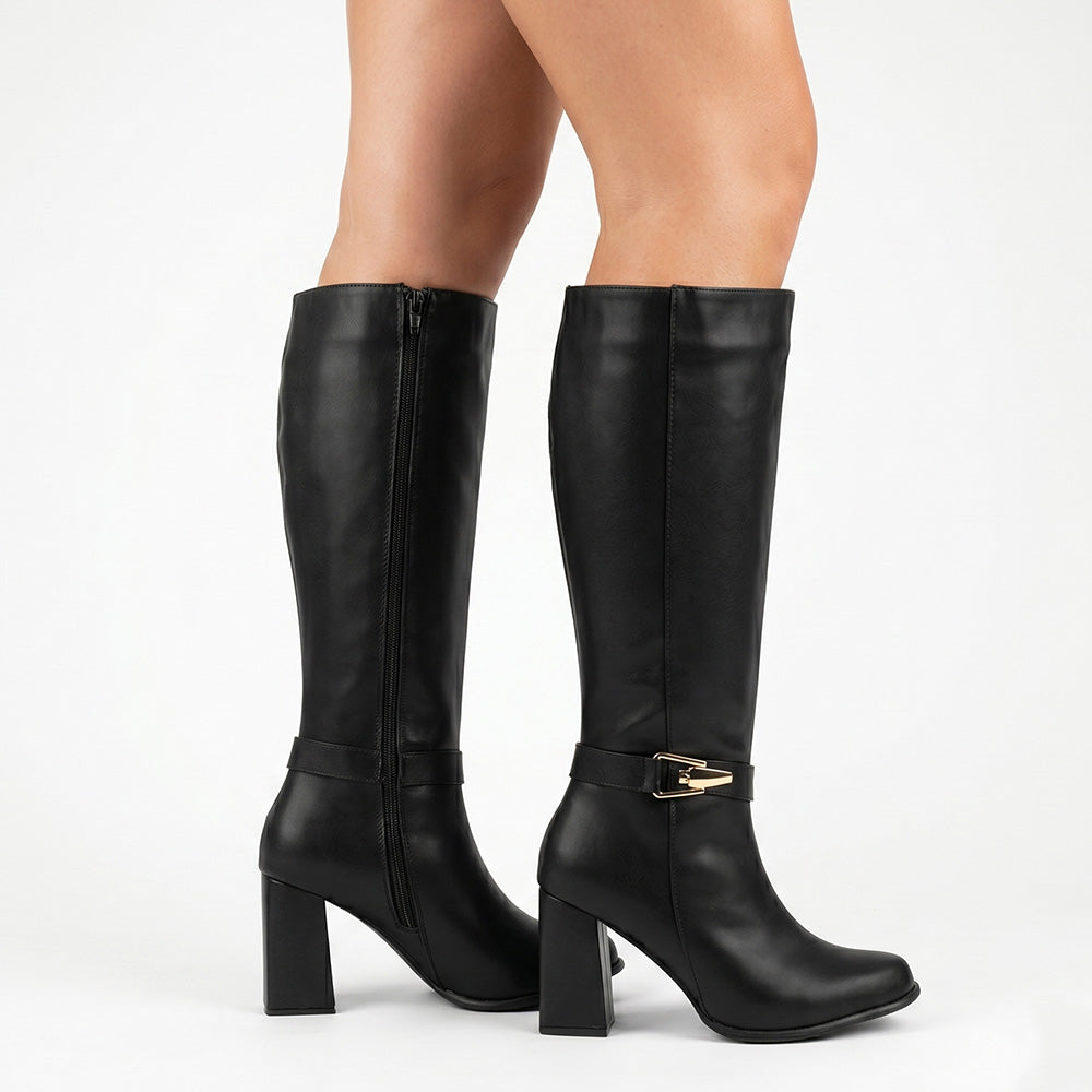 botas negras para dama abajo de la rodilla con hebilla oro y tacón medio 8cm 