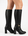 botas negras para dama abajo de la rodilla con hebilla oro y tacón medio 8cm 