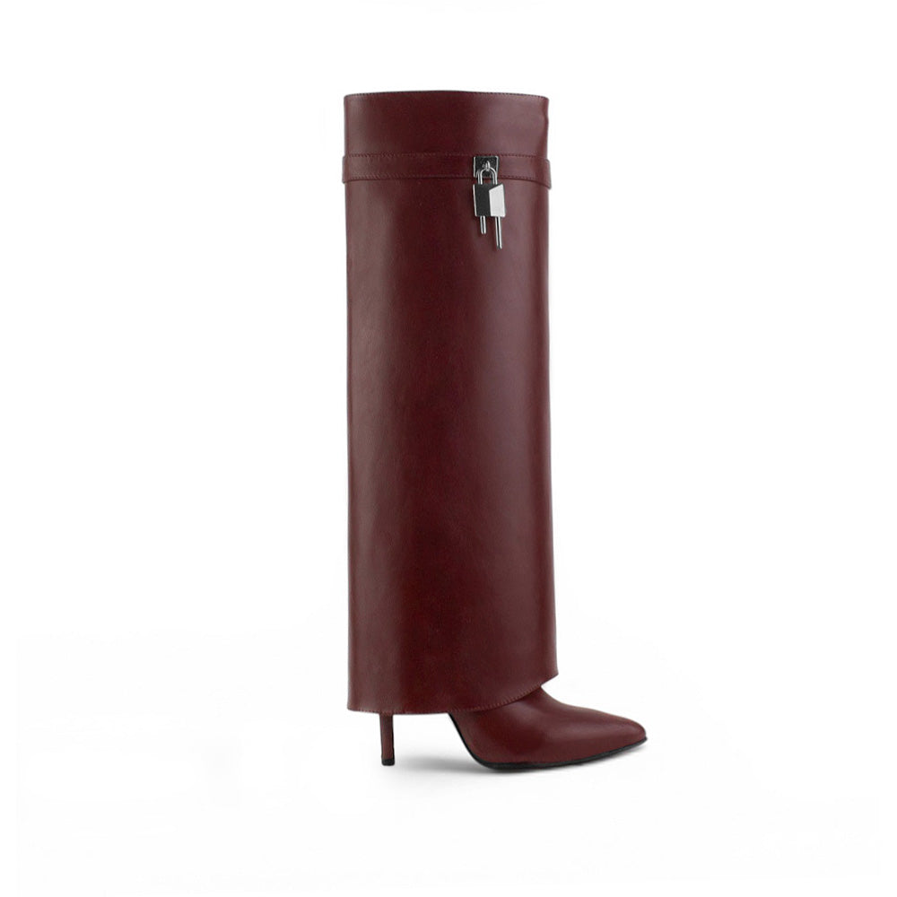 vista lateral de botas vino 2 en 1 desmontables para dama con correa y tacón alto 11cm 