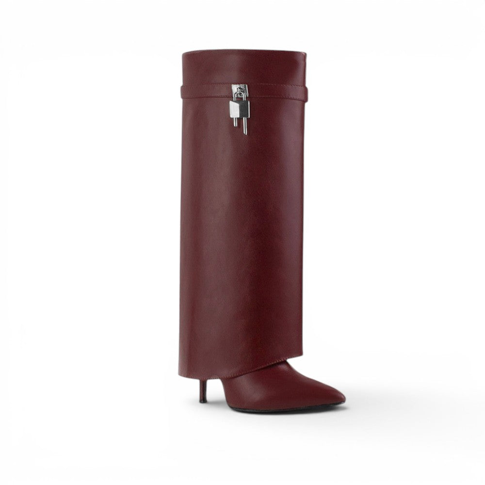 vista diagonal de botas vino 2 en 1 con tacón alto 11cm para dama desmontables 