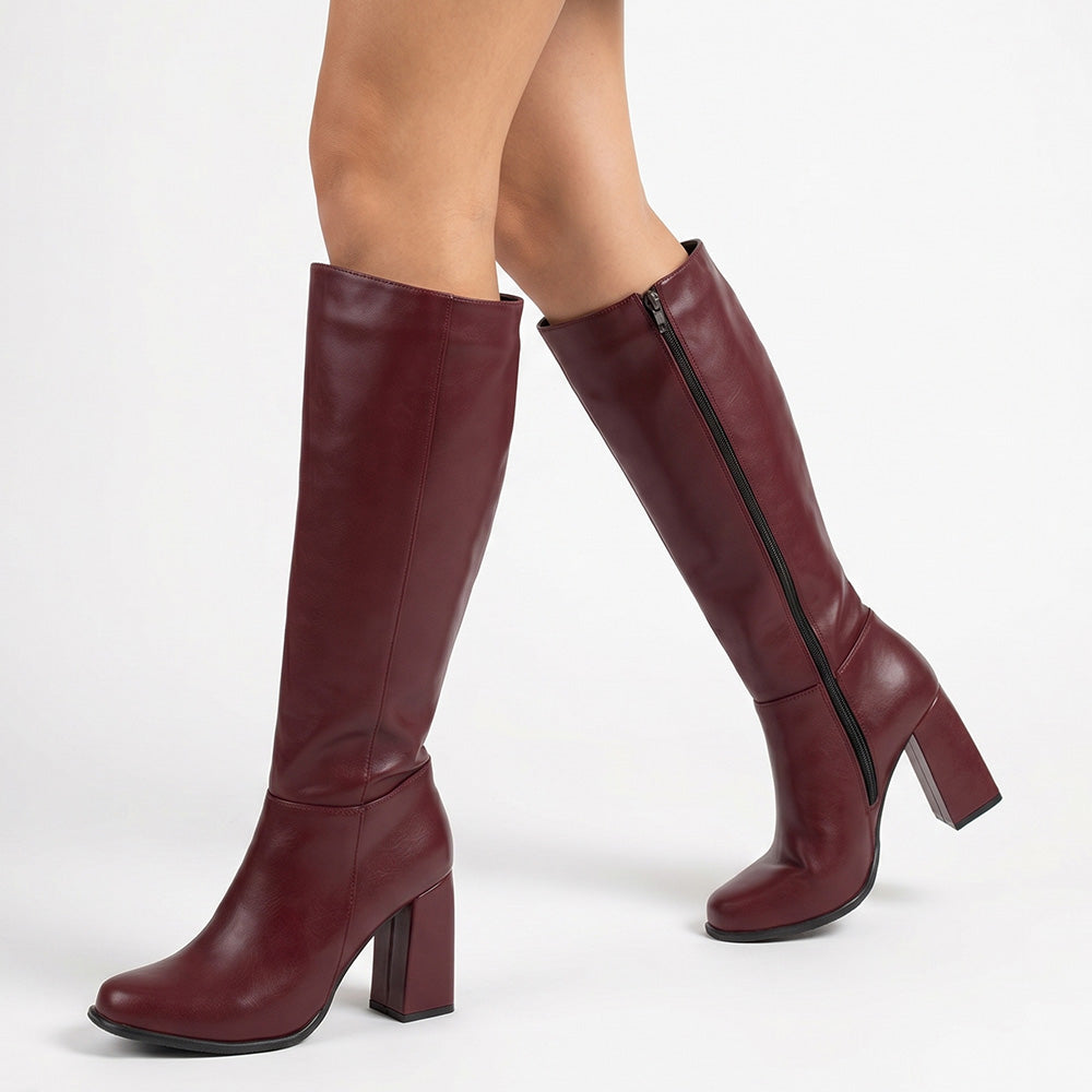 Botas vino lisas con cremallera clásicas de tacón medio 8cm para dama 