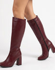 Botas vino lisas con cremallera clásicas de tacón medio 8cm para dama 