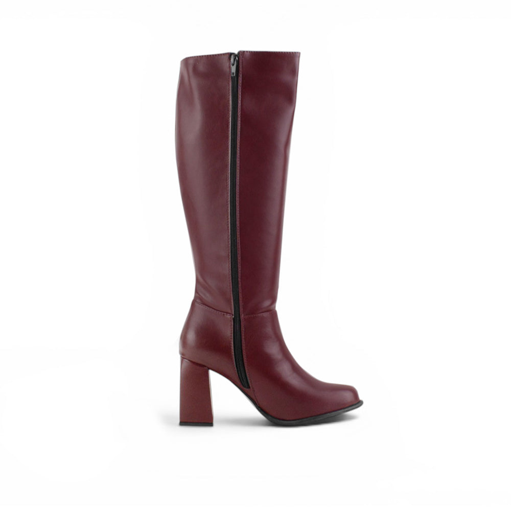 vista superior de botas vino para dama con cremallera y tacón medio 8cm clásicas 