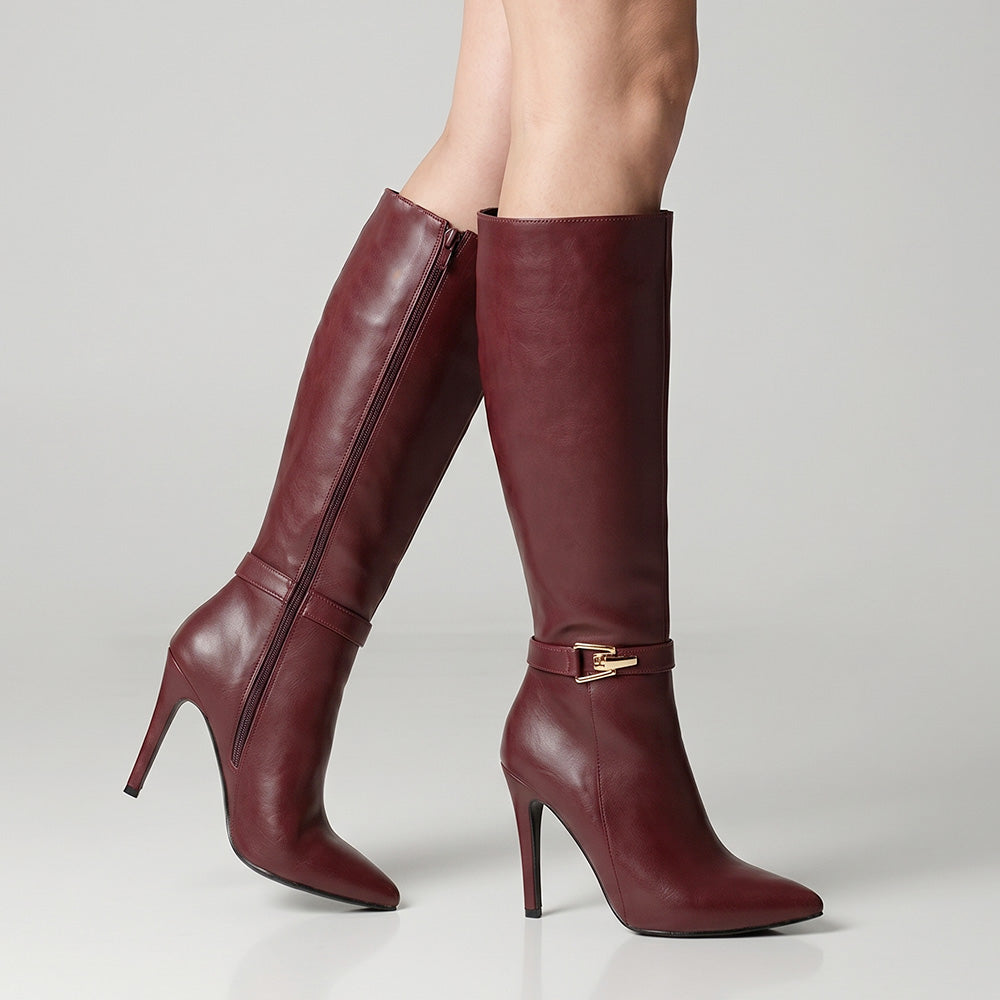 botas vino con terminación en punta para dama abajo de la rodilla  hebilla oro y tacón alto 11cm 