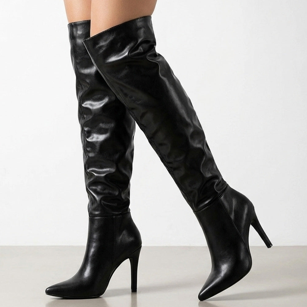 botas negras plisadas para dama arriba de la rodilla con tacón alto 11cm