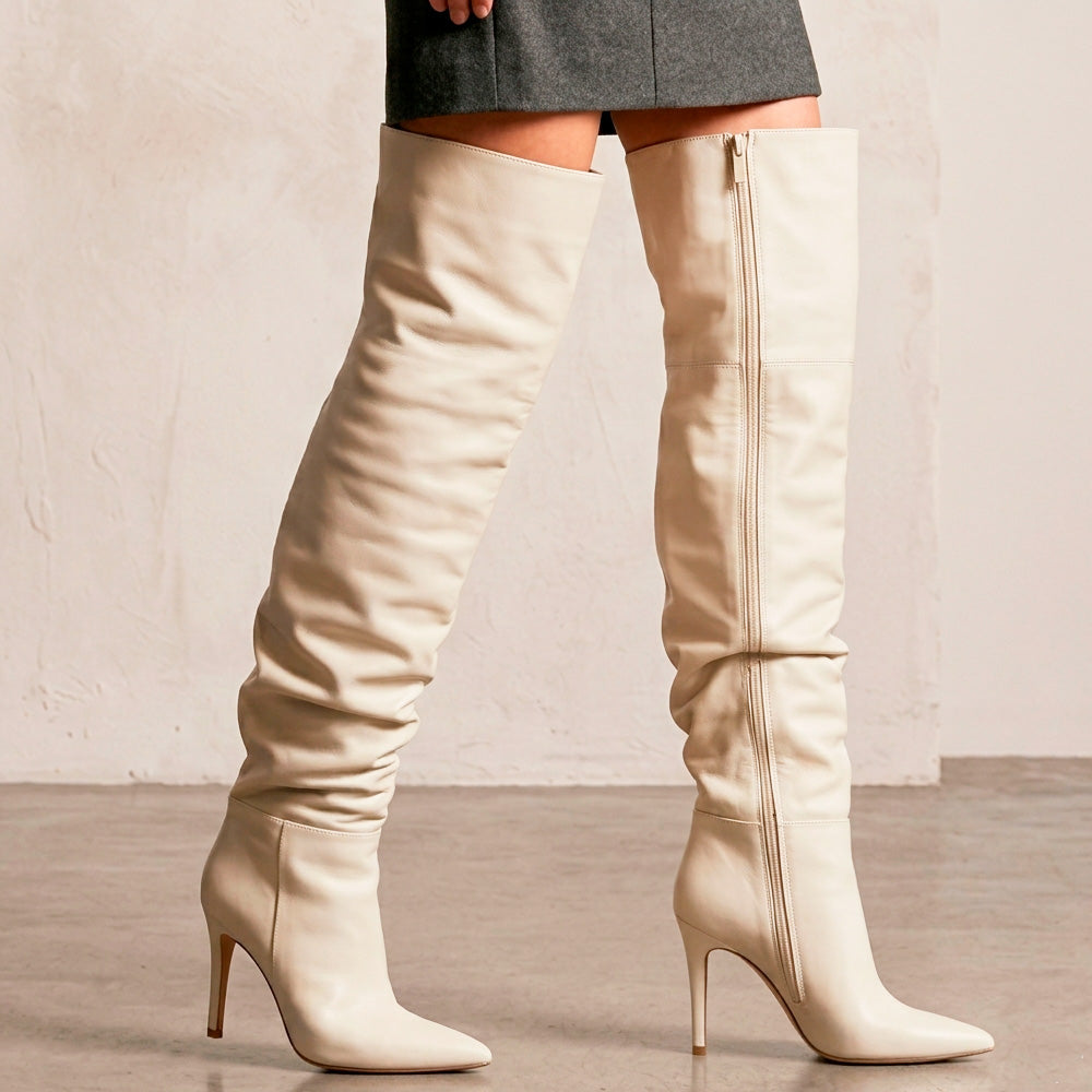 botas beige plisadas para dama arriba de la rodilla con tacón alto 11cm 
