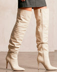 botas beige plisadas para dama arriba de la rodilla con tacón alto 11cm 