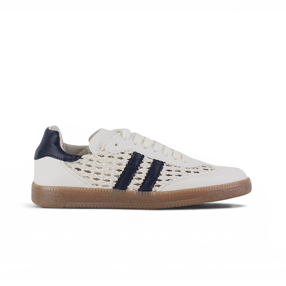 Vista lateral de tenis beige con azul de piso y detalles tejidos para dama 