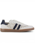 Vista lateral de tenis beige con azul de piso y detalles tejidos para dama 