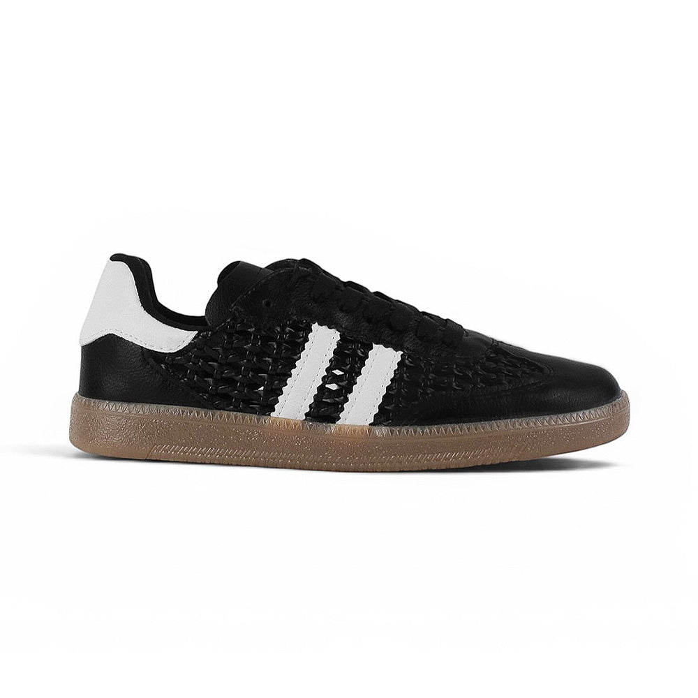 Vista lateral de tenis negro con blanco de piso y detalles tejidos para dama 