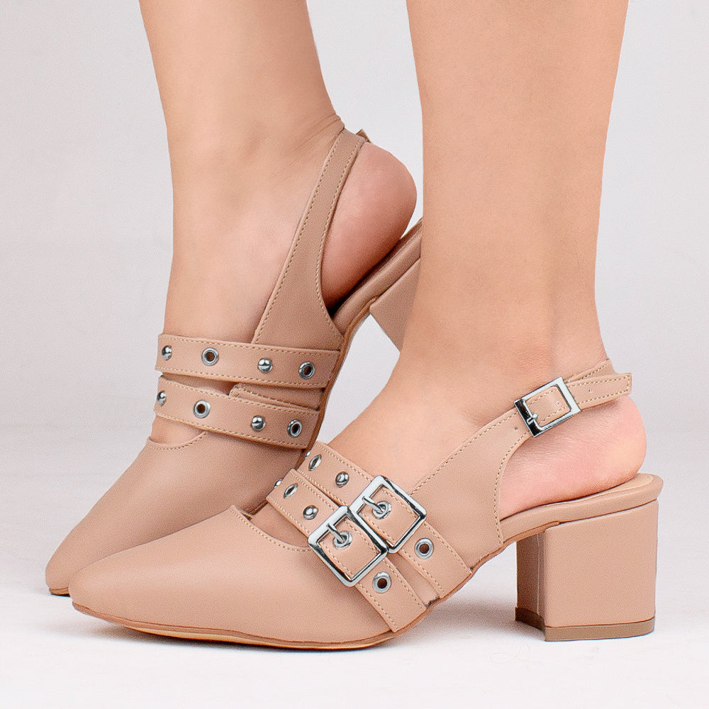 Zapatillas maquillaje para mujer con tacón bajo de 6cm y tiras con estoperoles 